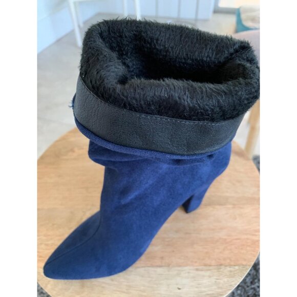 🆕Women's Navy Suede Mid Calf High Slouchy Chunky Heel Block Pointed Toe Boots - Picture 3 of 10